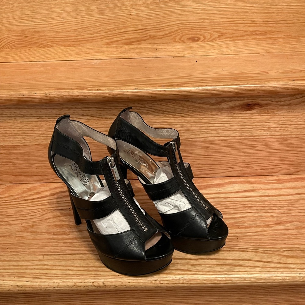 MICHAEL Michael Kors Black Leather Peep-Toe Zip Heels